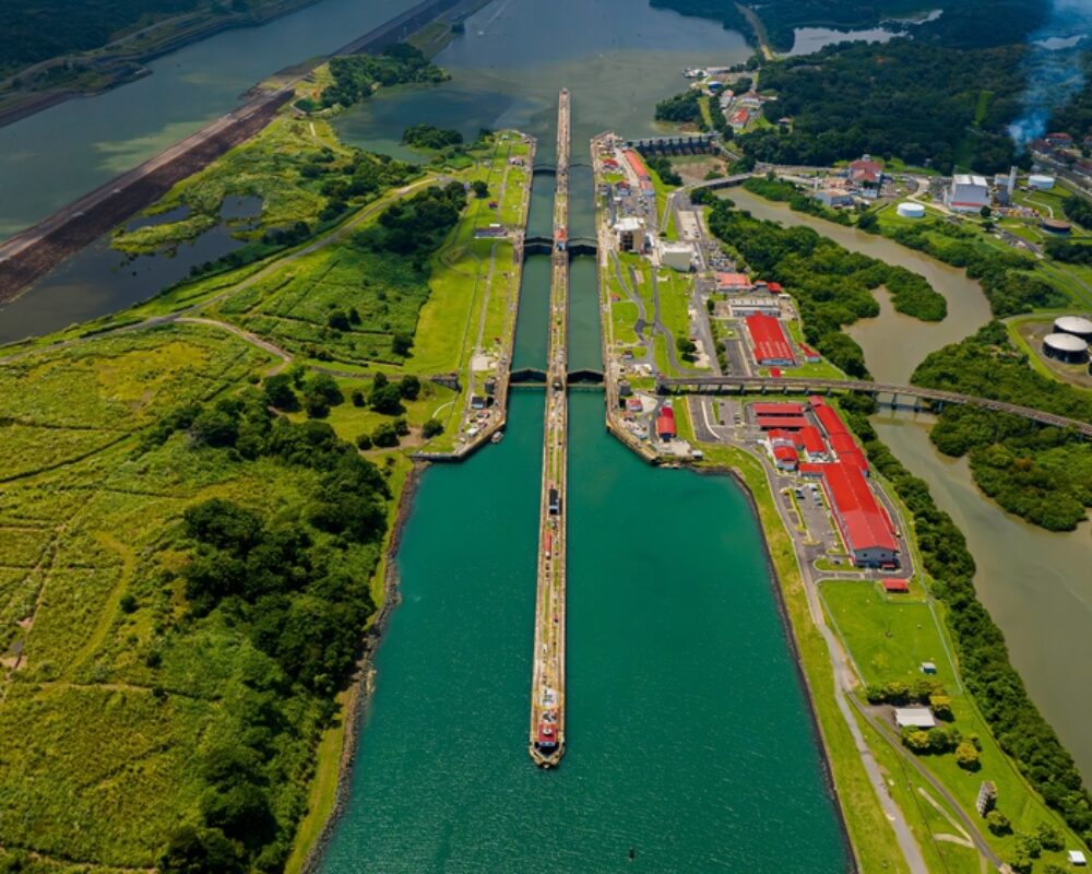 Panama,Canal,Area,View,,Container,Ship,Transit,,Water,Tanks,,Composed